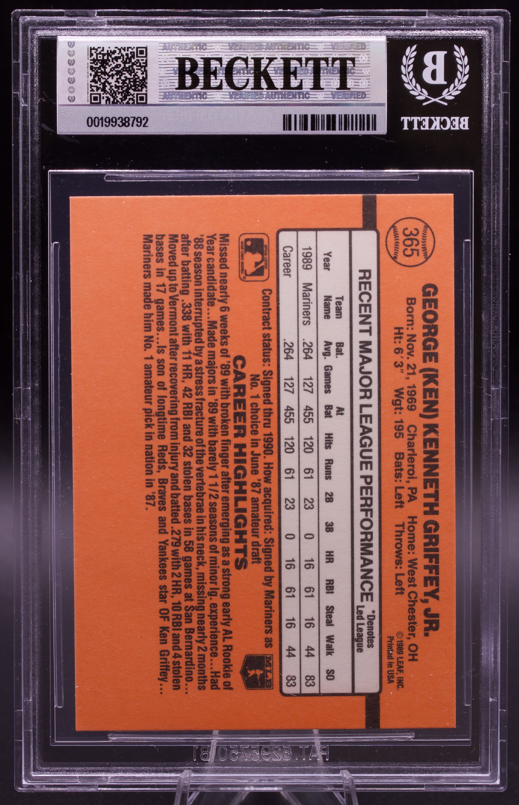 1990 Donruss Ken Griffey Jr #365 New BGS Holder 9 Mint Seattle Mariners