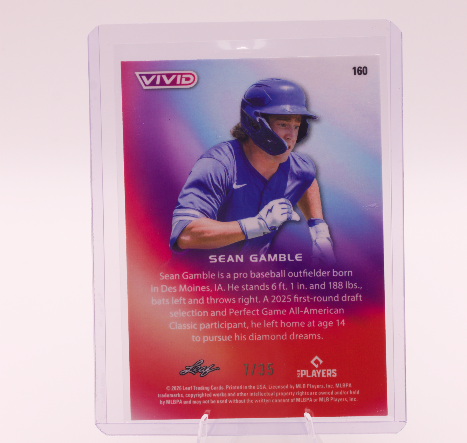 2026 Leaf Vivid Sean Gamble #160 /35 Royals 1st Round Pick OF Baseball Card