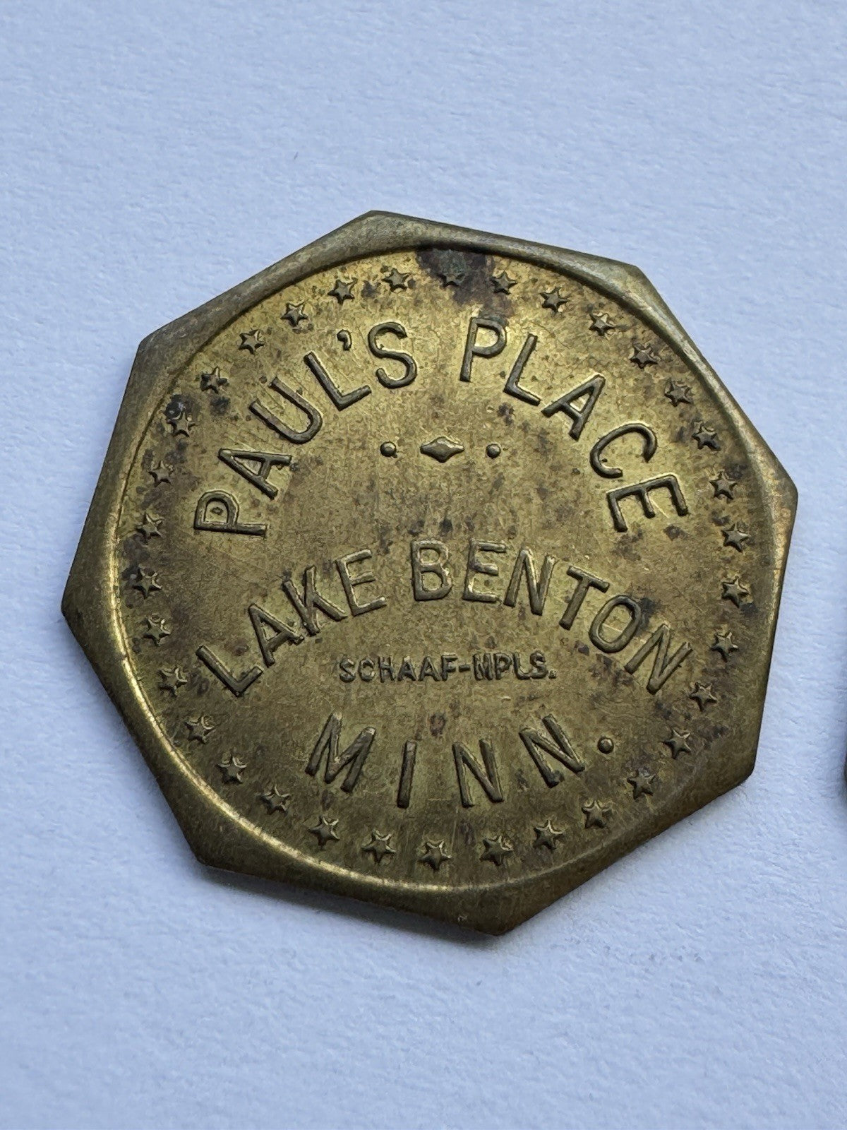 2x Paul’s Place Lake Benton MN 10¢ Octagon Trade Token Vintage Brass Bar Coin