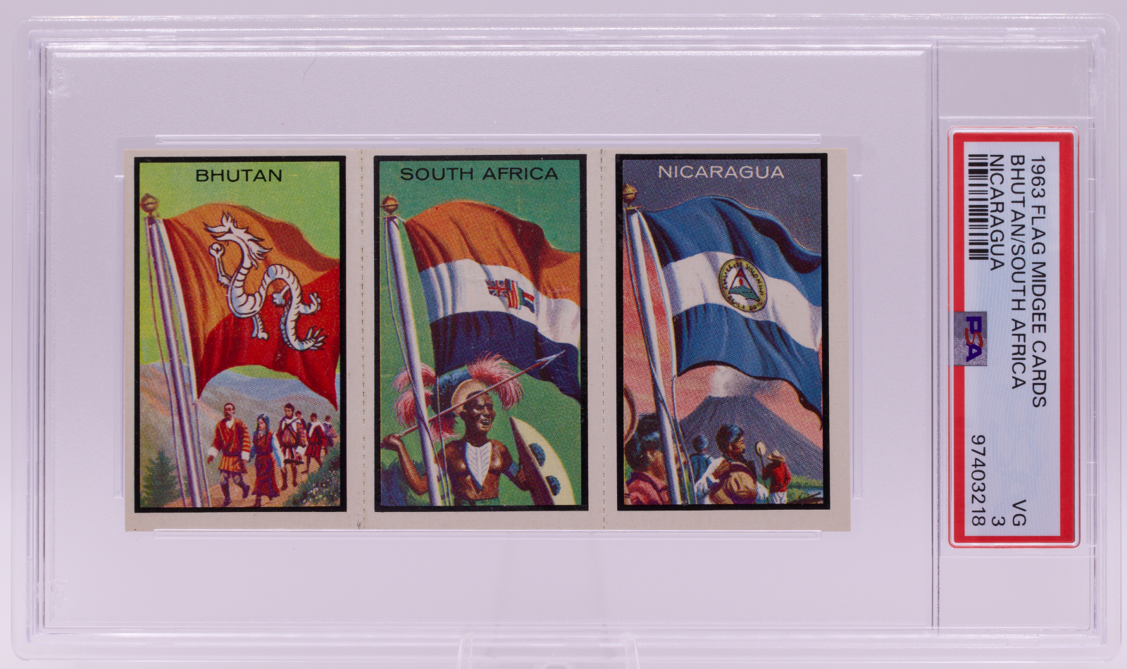 1963 Flag Midgee Cards Bhutan South Africa Nicaragua PSA VG 3 Vintage Strip