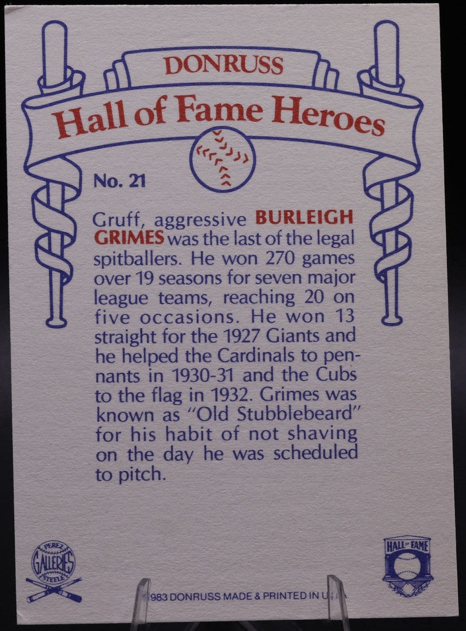1983 Donruss Burleigh Grimes HOF Autograph Signed Card