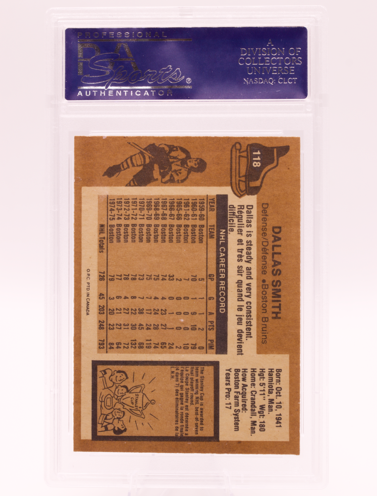 1975 O-Pee-Chee #118 Dallas Smith PSA 8 NM-MT Boston Bruins OPC Hockey Card