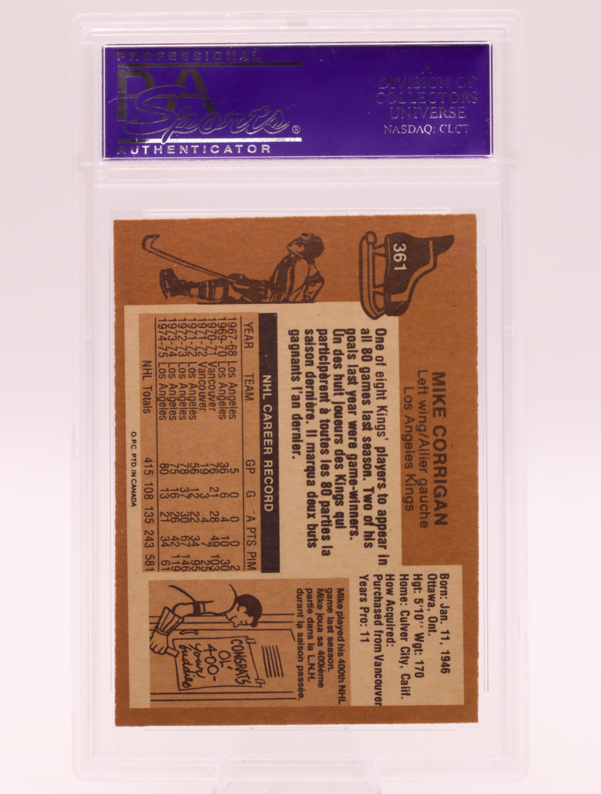1975 O-Pee-Chee #361 Mike Corrigan PSA 8 NM-MT Los Angeles Kings OPC Hockey