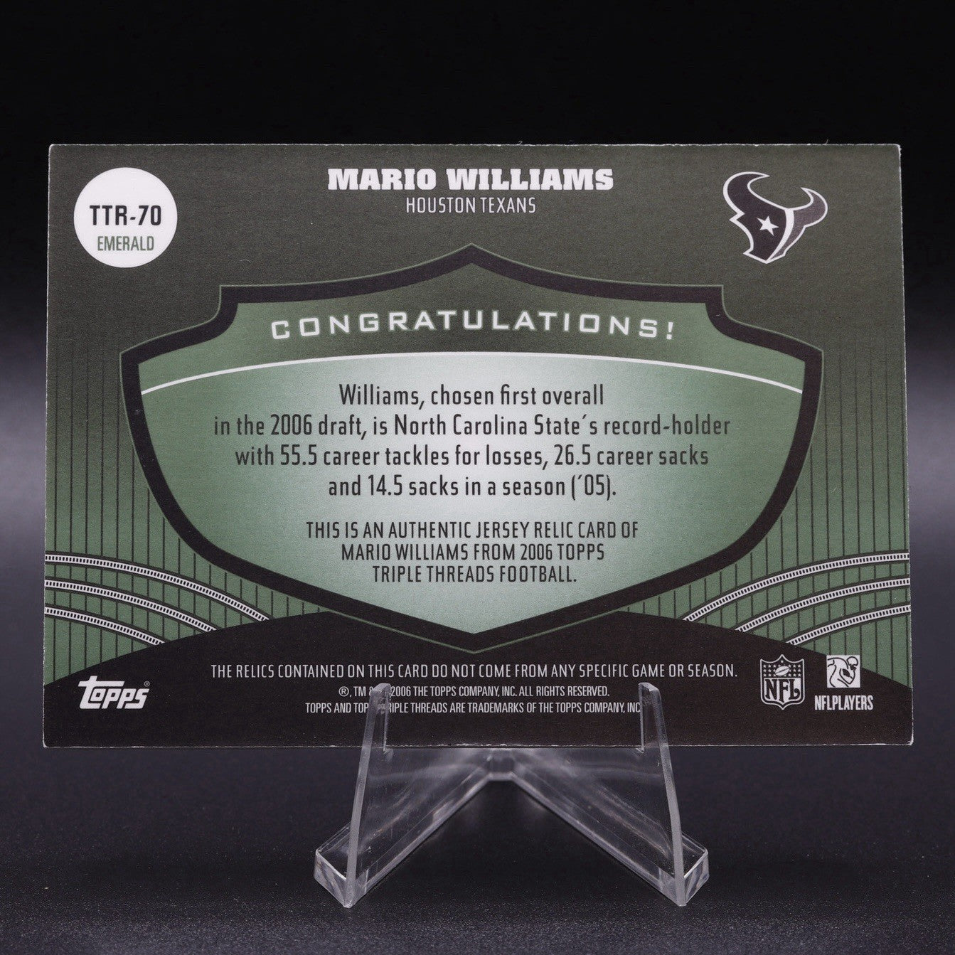 2006 Topps Triple Threads Mario Williams Relic #10/18 Emerald
