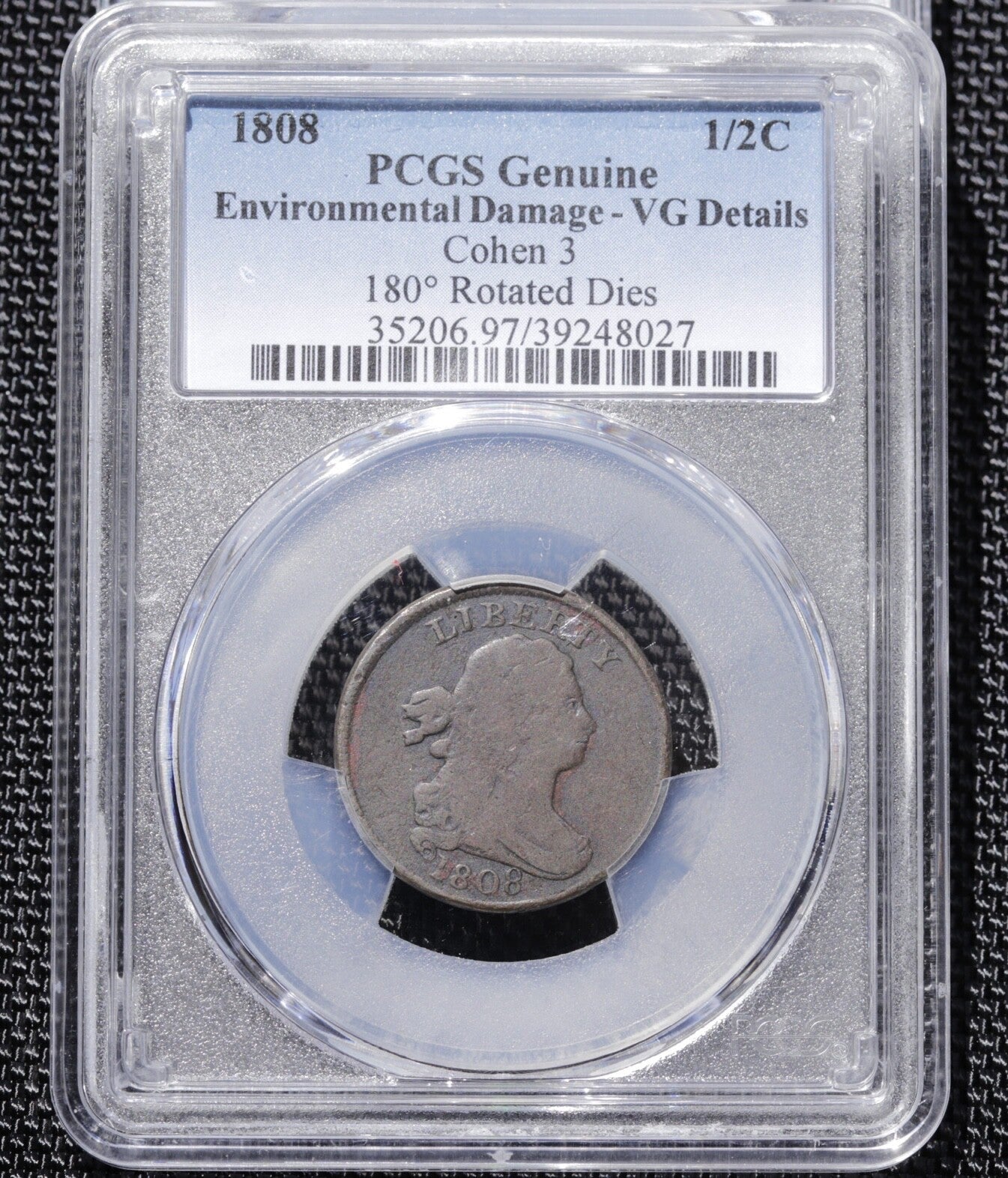 1808 Draped Bust Half Cent PCGS VG Details – Env. Damage – Rotated Dies C-3