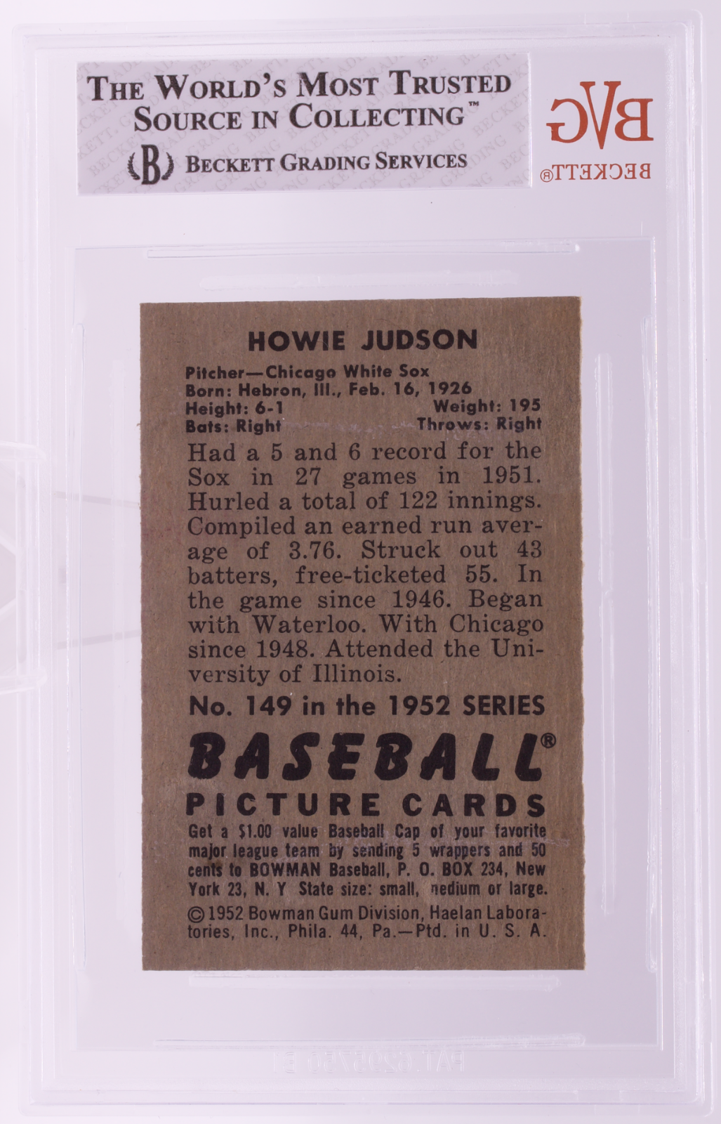 1952 Bowman Howie Judson #149 BVG 8 NM-MT Chicago White Sox Vintage Card