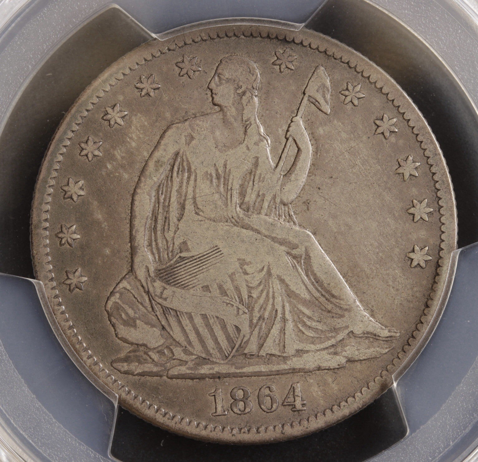 1864 Seated Liberty Half Dollar PCGS Genuine • Civil War Date VG Detail Cleaned