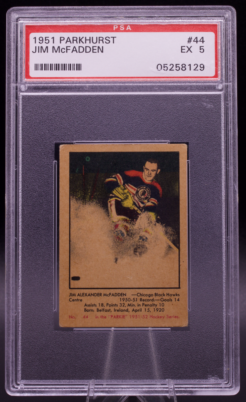 1951 Parkhurst Jim McFadden #44 PSA 5 EX Vintage Chicago Blackhawks Blank Back