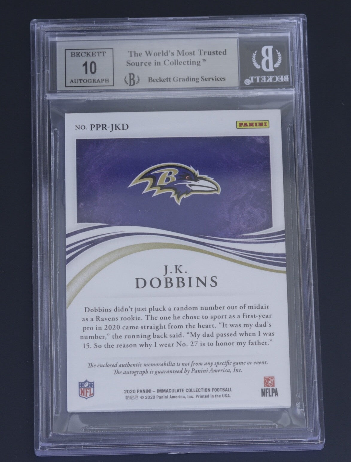 2020 Immaculate Premium RPA J.K. Dobbins Ravens 35/99 BGS 8.5 Auto 10 Patch #9