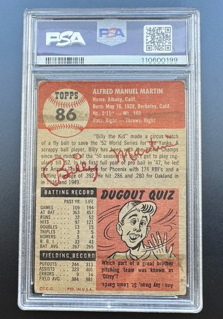 Signed 1953 Topps Billy Martin #86 PSA 1 - Auto Grade 9 Yankees Legend Signed RC
