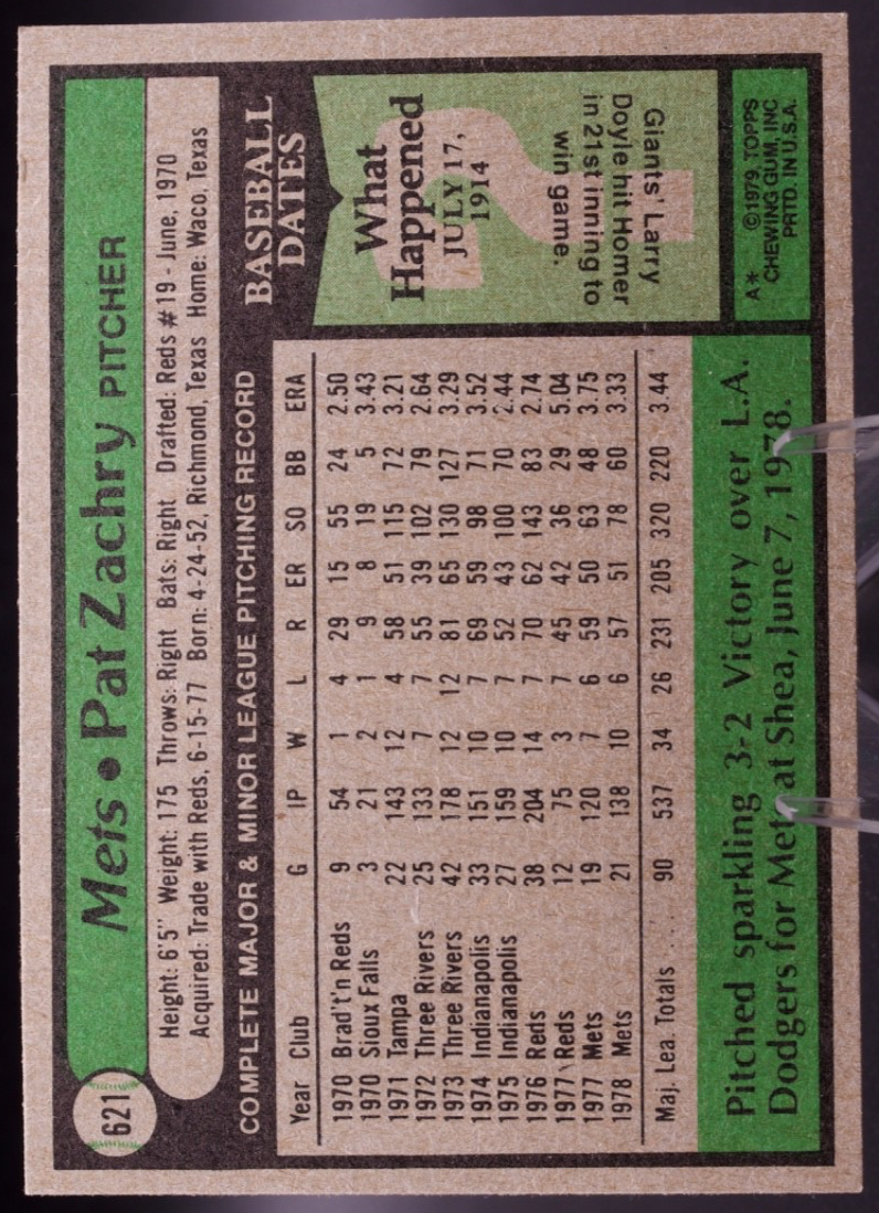 1979 Topps #621 Pat Zachry New York Mets Pitcher Vintage Baseball Card