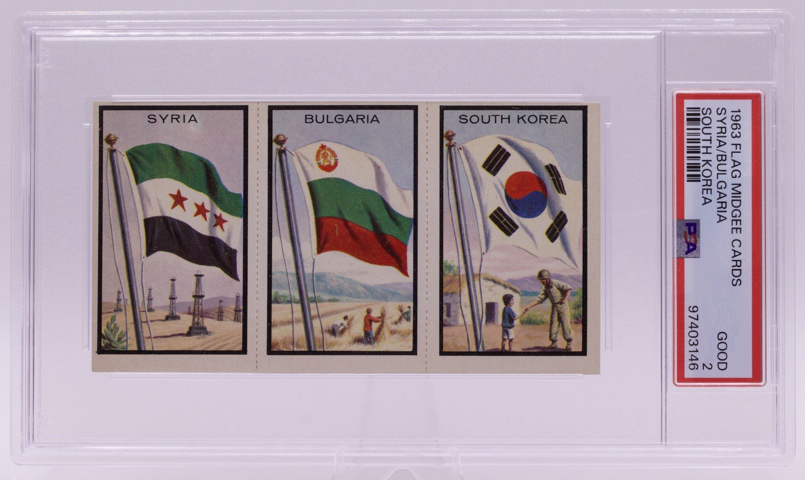 1963 Flag Midgee Cards Syria Bulgaria South Korea PSA GOOD 2 Vintage Strip