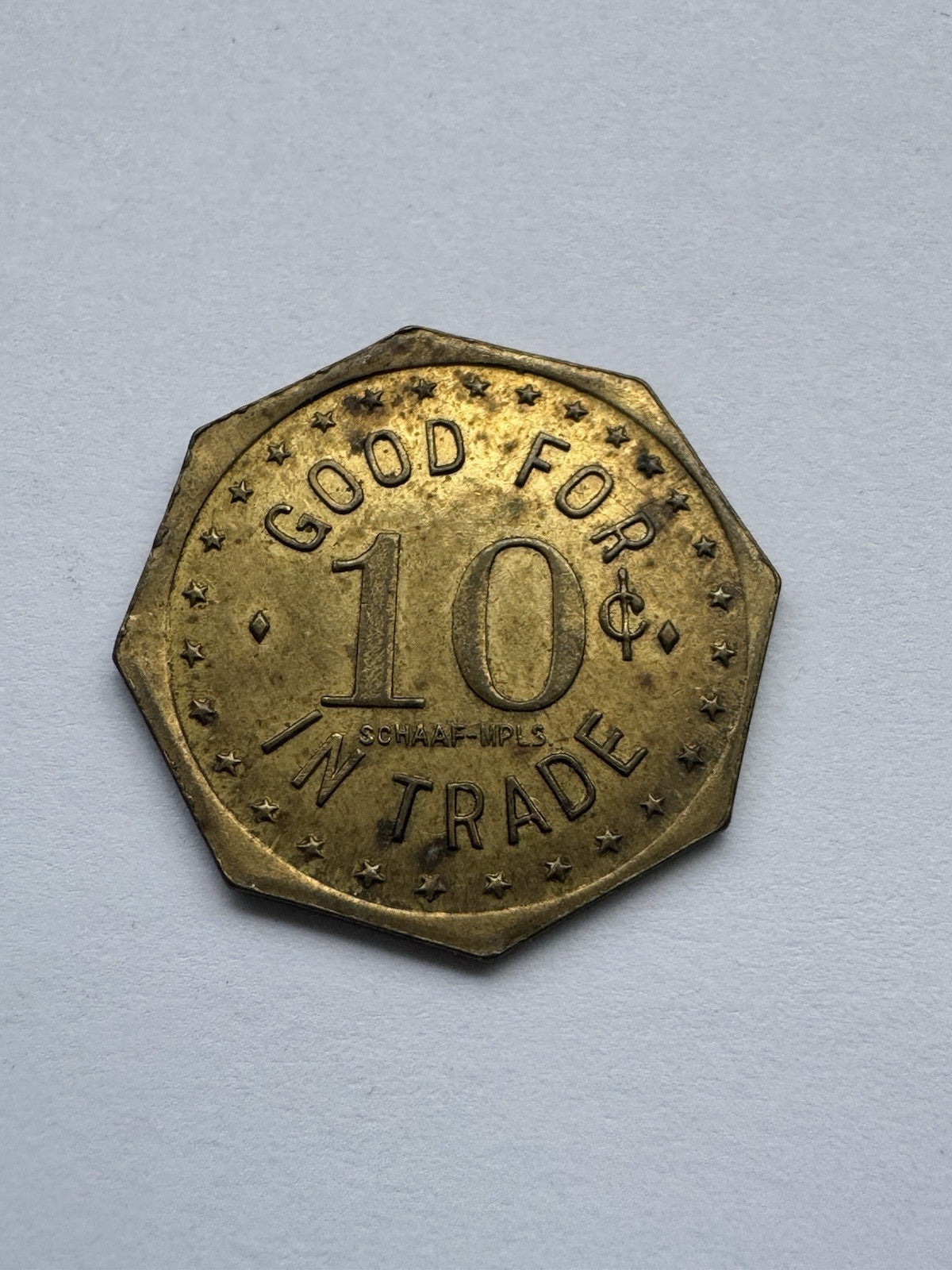 Paul’s Place Lake Benton MN 10¢ Decagon Trade Token Vintage Brass Bar Coin