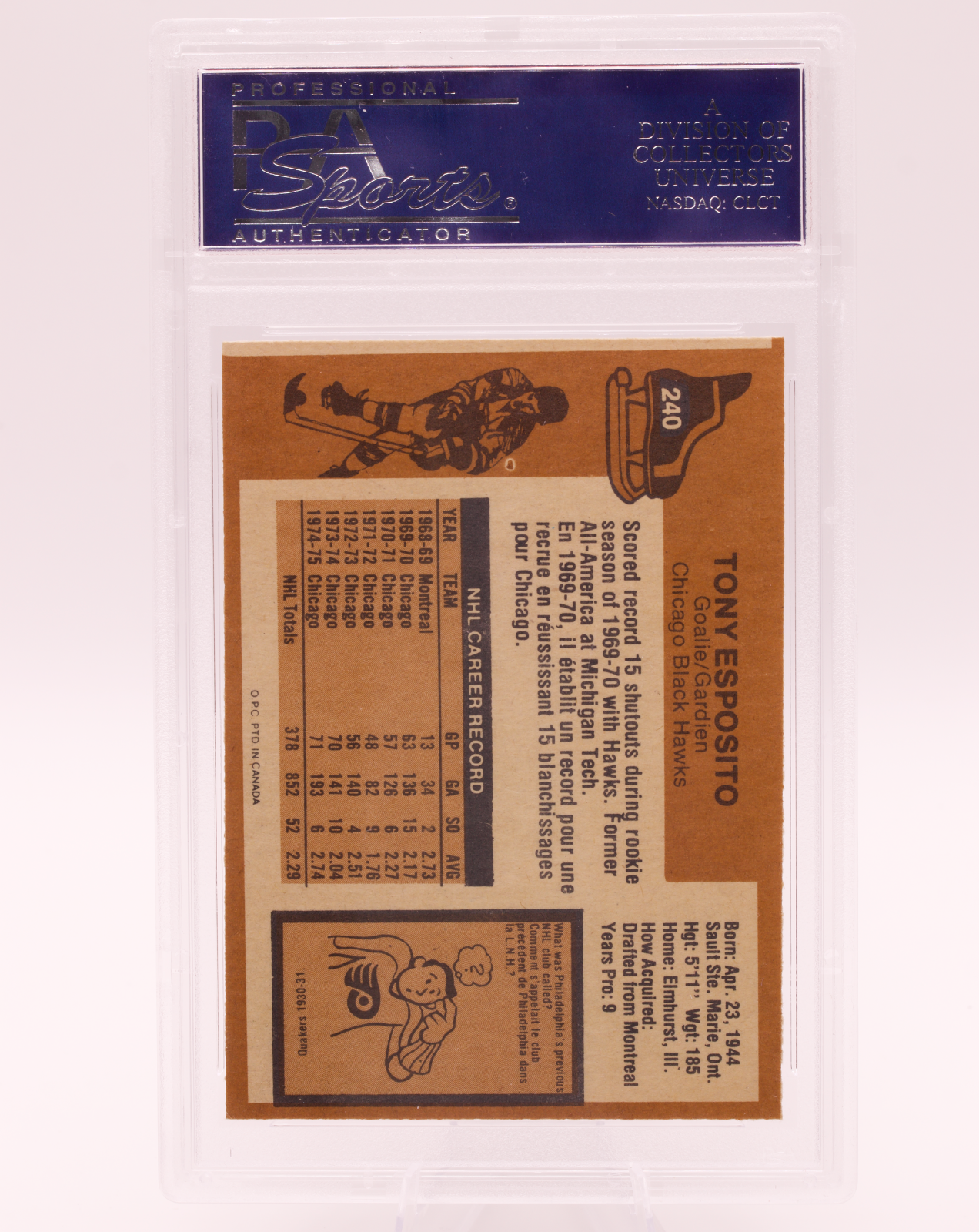1975 O-Pee-Chee #240 Tony Esposito PSA 8 NM-MT Chicago Blackhawks HOF Goalie