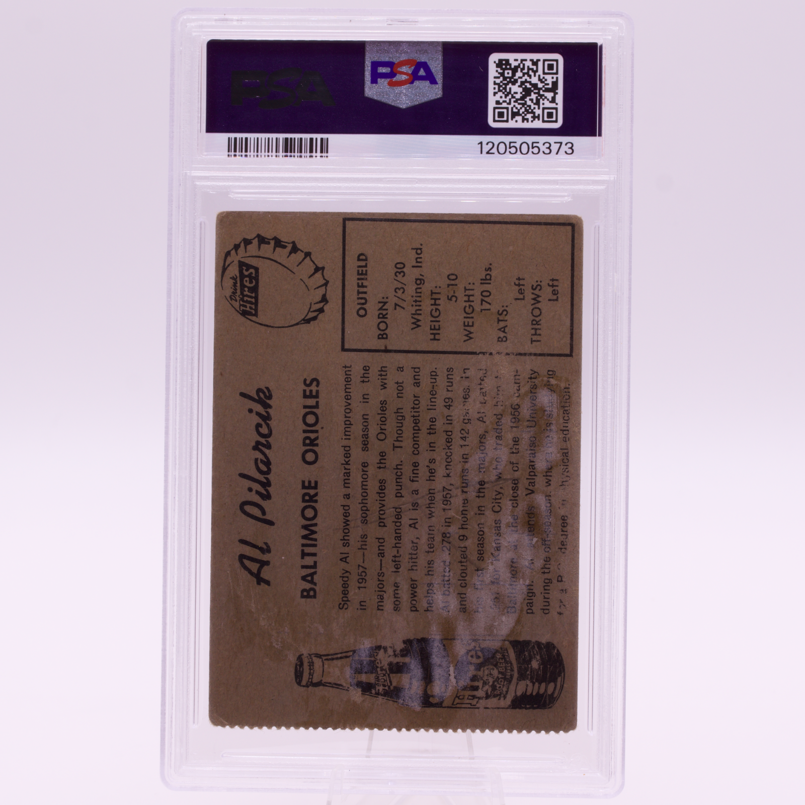 1958 Hires Root Beer Test Set No Tab Al Pilarcik PSA 2 Orioles Rare Test Issue