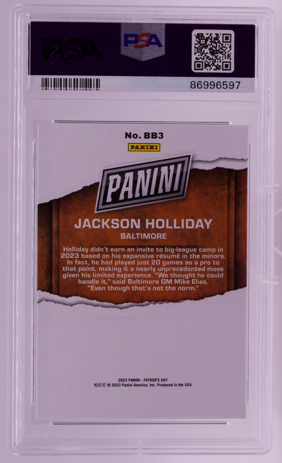 2023 Panini Father's Day Jackson Holliday #BB3 PSA 10 GEM MINT