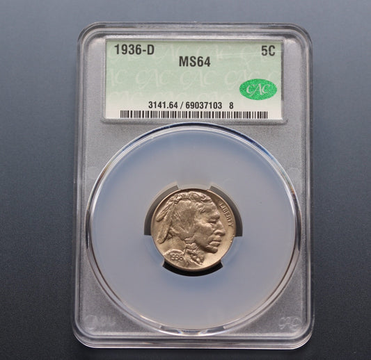 1936-D Buffalo Nickel 5C CAC MS64 Choice Gem Denver Mint