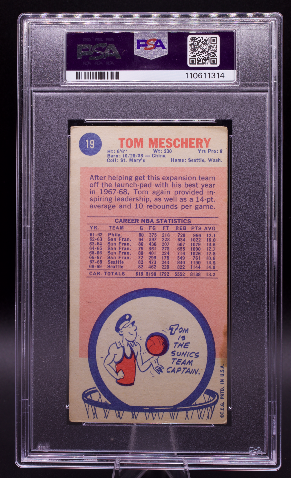 1969 Signed Topps Tom Meschery #19 PSA Authentic AUTO 10 Seattle Sonics Tallboy