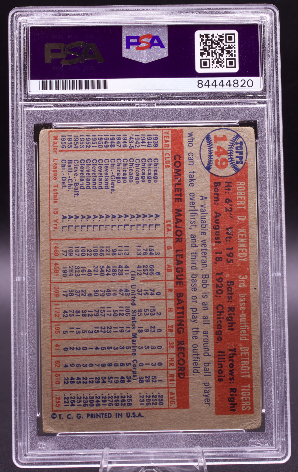 1957 Topps Bob Kennedy #149 PSA Authentic Auto Signed Detroit Tigers Vintage