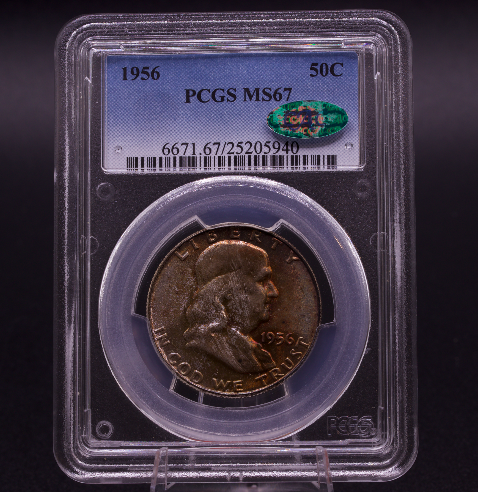1956 FranklinHalf Dollar PCGS MS67 Toned - CAC