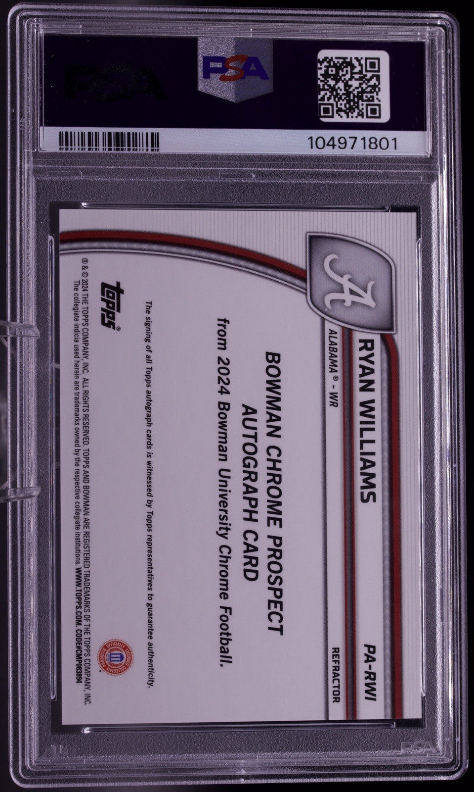 2024 Bowman University Chrome Ryan Williams Auto Refractor /299 PSA 9 Mint