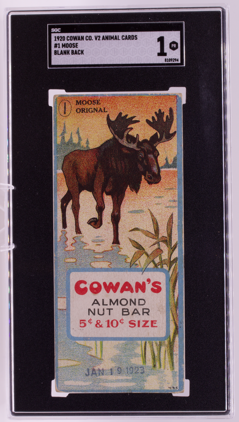 1920 Cowan Co V2 Animal Cards #1 Moose Blank Back SGC 1 PR Canadian Chocolate