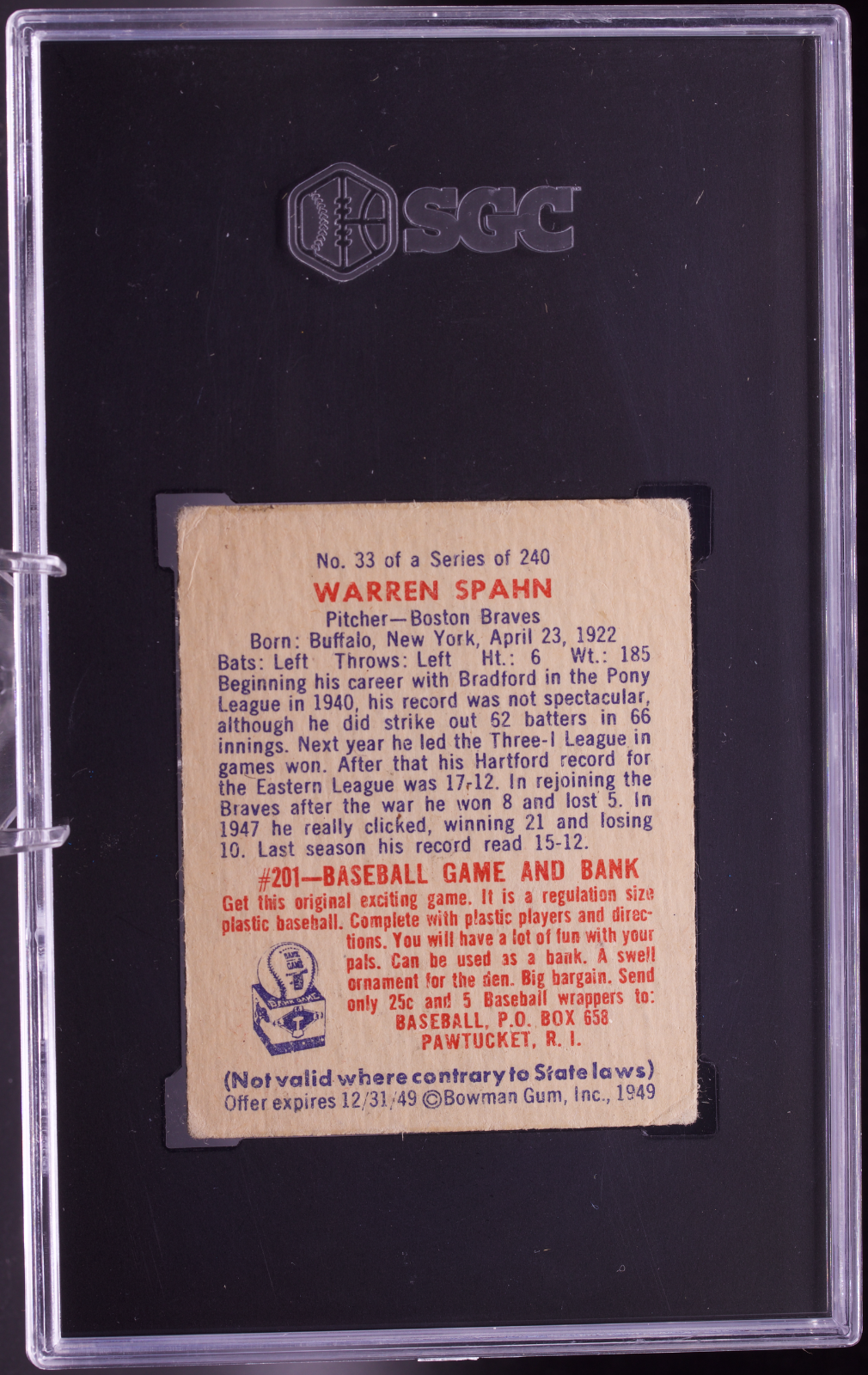 1949 Bowman #33 Warren Spahn SGC 3 VG Boston Braves Vintage Baseball Card