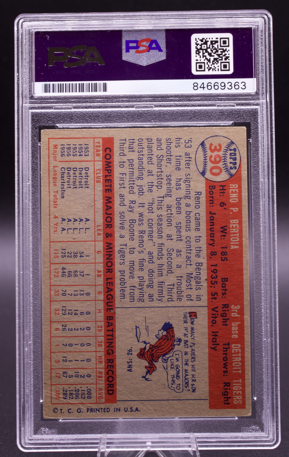 1957 Topps Reno Bertoia #390 PSA Authentic Auto Signed Detroit Tigers Vintage