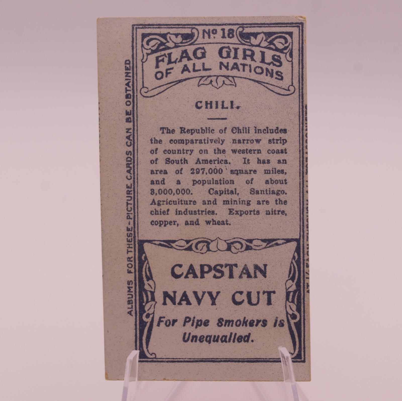1908 Wills Flag Girls of All Nations #18 CHILI Capstan Navy Cut Tobacco Card