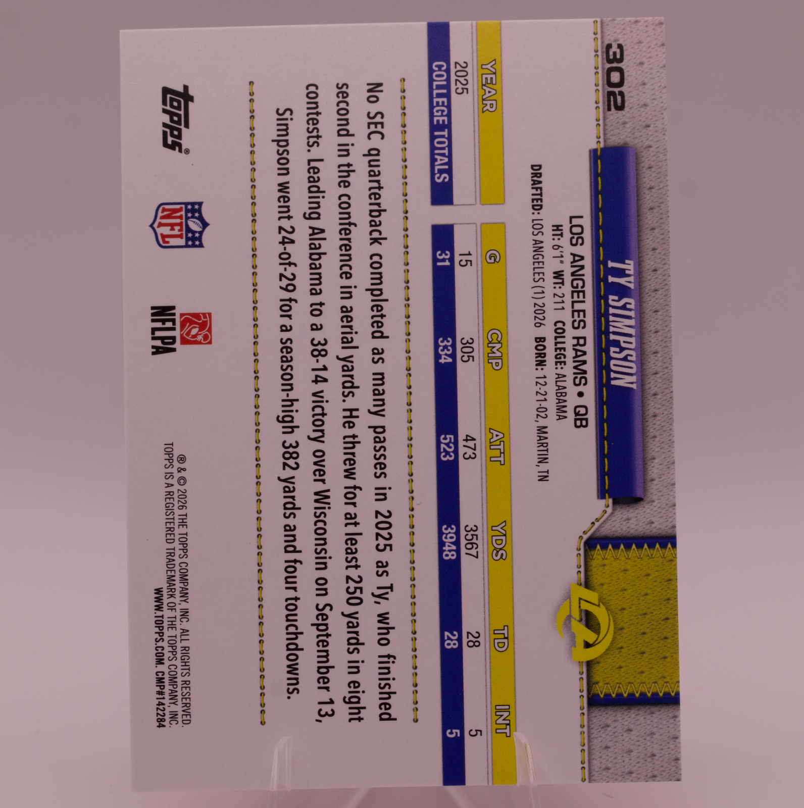 2026 Topps Flagship #302 Ty Simpson Rookie RC Purple Sparkle Parallel LA Rams