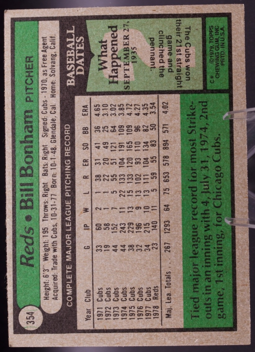 1979 Topps #354 Bill Bonham Cincinnati Reds Pitcher Vintage Baseball Card