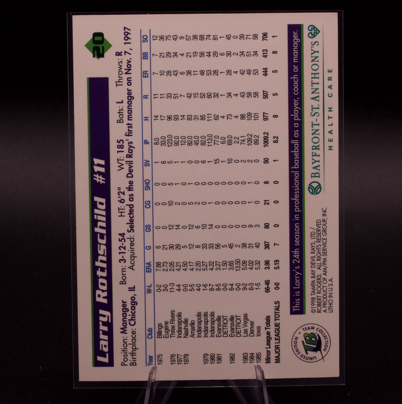 1998 Tampa Bay Devil Rays Team Issue Larry Rothschild #20 First Manager Rookie