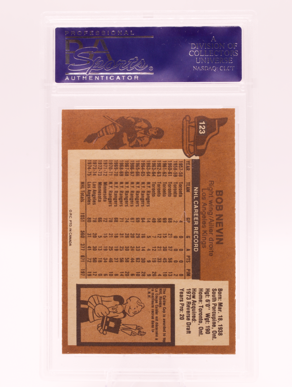 1975 O-Pee-Chee #123 Bob Nevin PSA 8 NM-MT Los Angeles Kings OPC Hockey Card