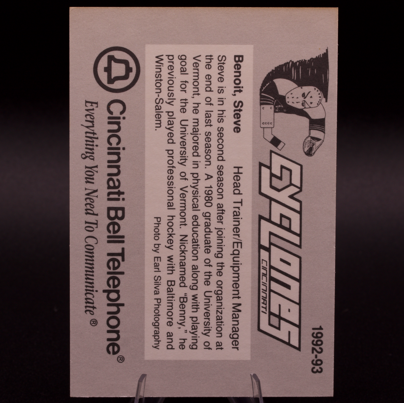 1992-93 Cincinnati Cyclones IHL Steve Benoit Trainer Team Issue Hockey Card