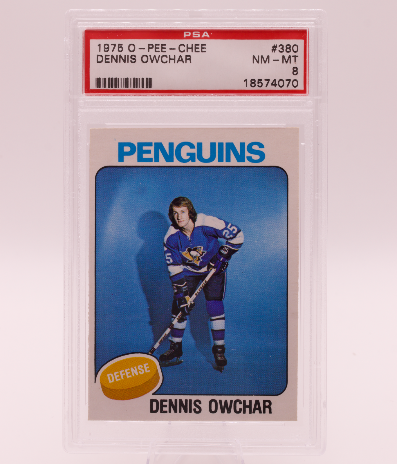1975 O-Pee-Chee #380 Dennis Owchar ROOKIE RC PSA 8 NM-MT Pittsburgh Penguins