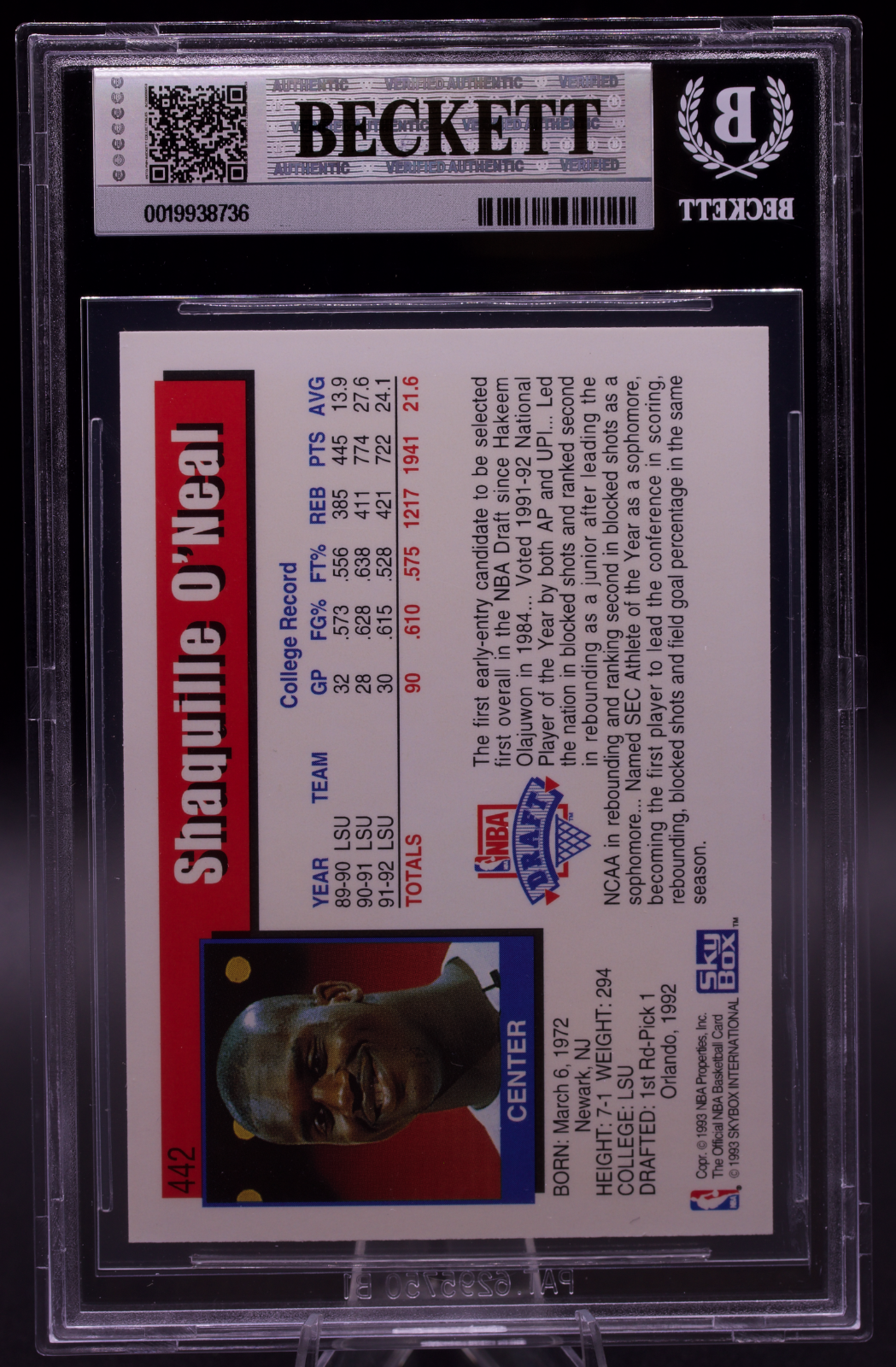 1992-93 Hoops Shaquille O'Neal #442 Beckett BGS 9 Mint Orlando Magic Rookie RC