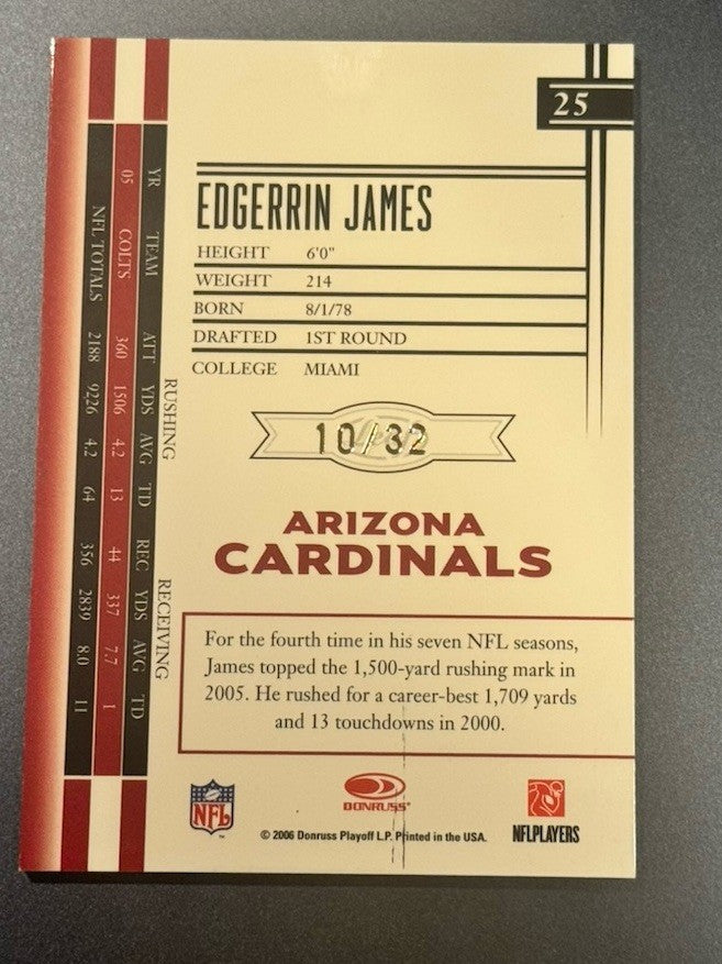 2006 Edgerrin James Auto #10/32 • Gridiron Gear Gold Holofoil • HOF RB Cardinals