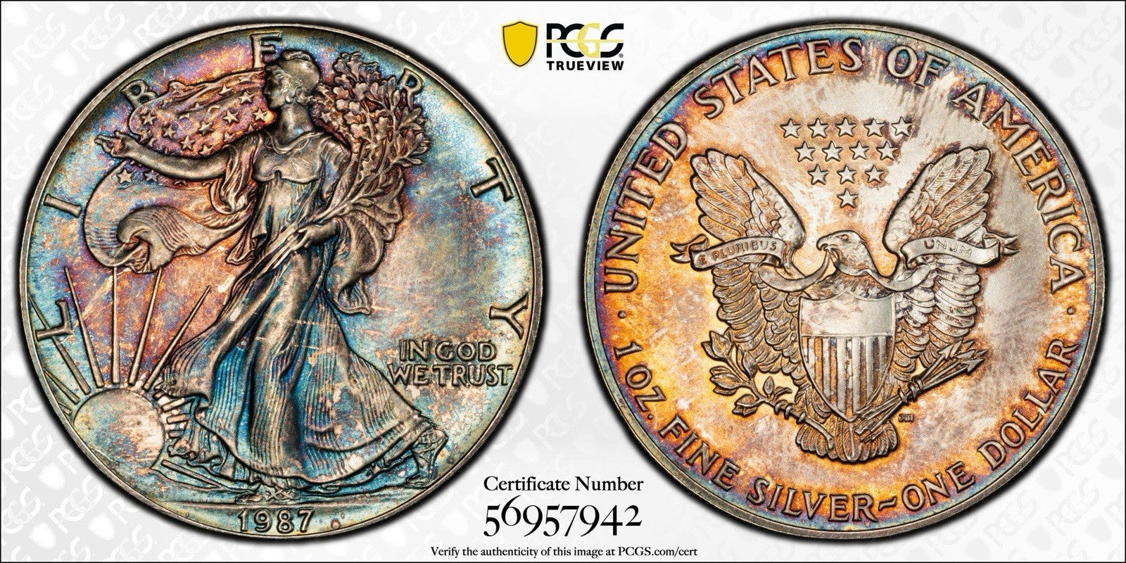 1987 Silver Eagle PCGS MS67 • Monster Toning • Blue Green Copper Color