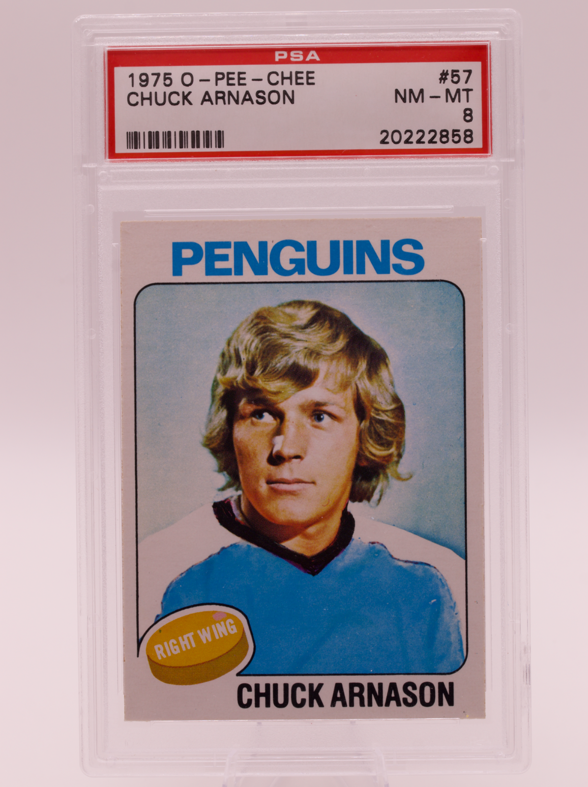 1975 O-Pee-Chee #57 Chuck Arnason PSA 8 NM-MT Pittsburgh Penguins OPC Hockey