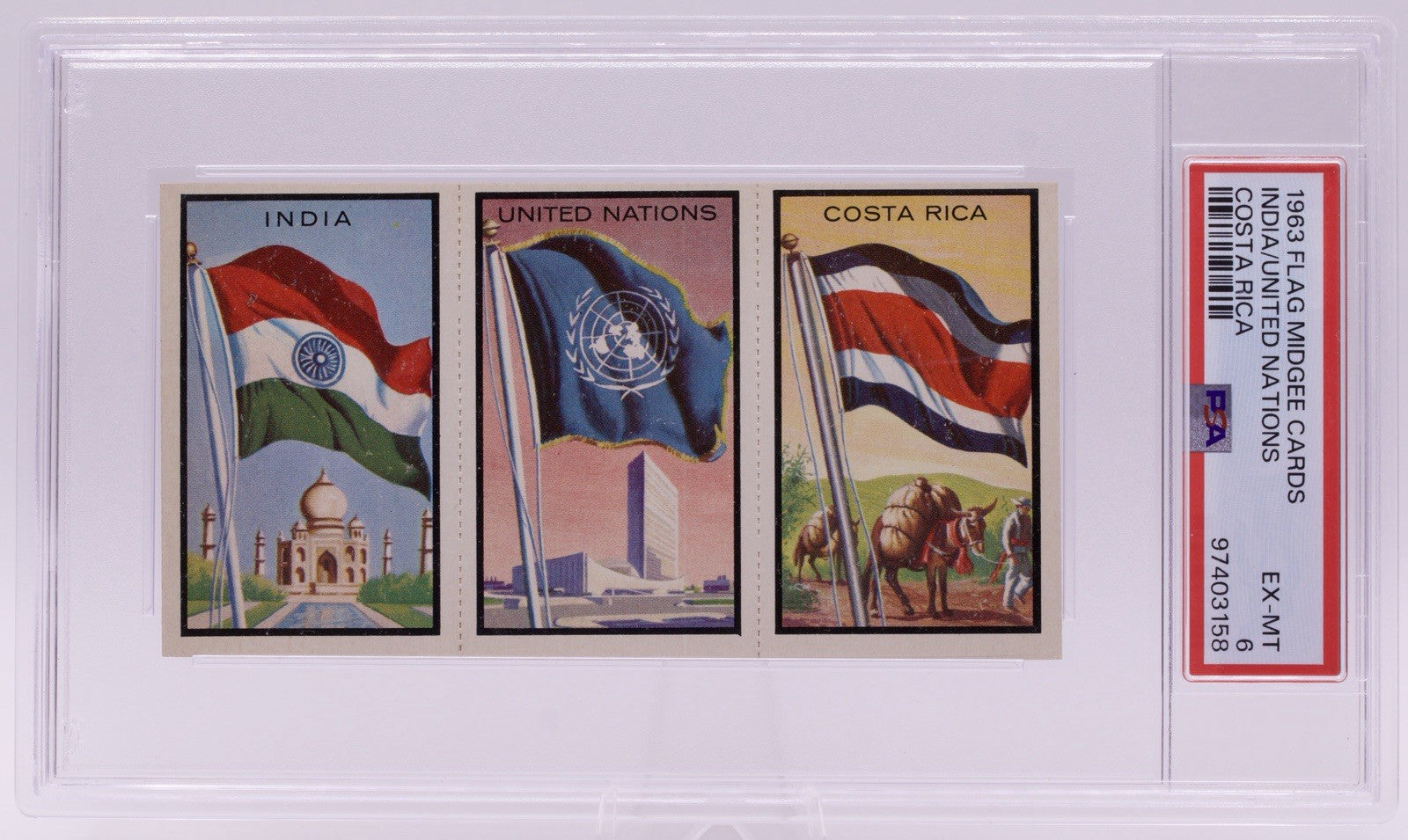 1963 Flag Midgee Cards India United Nations Costa Rica PSA EX-MT 6 Strip