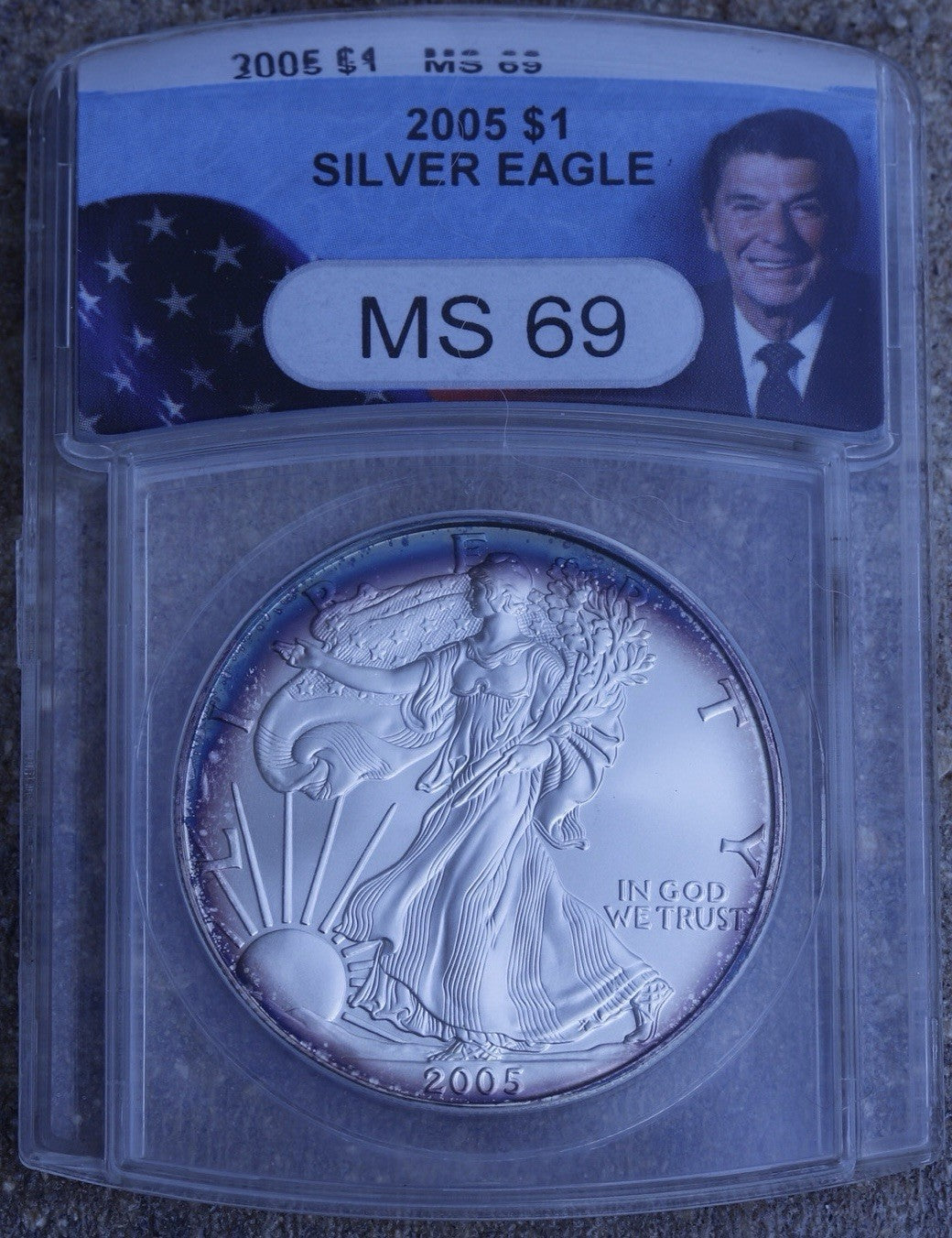 2005 Silver Eagle $1 ANACS MS69 • Reagan Label • Vibrant Edge Toning