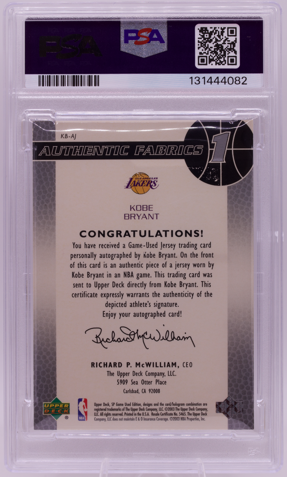 2003 SP Game Used Kobe Bryant Authentic Fabrics Patch Auto /100 PSA 6