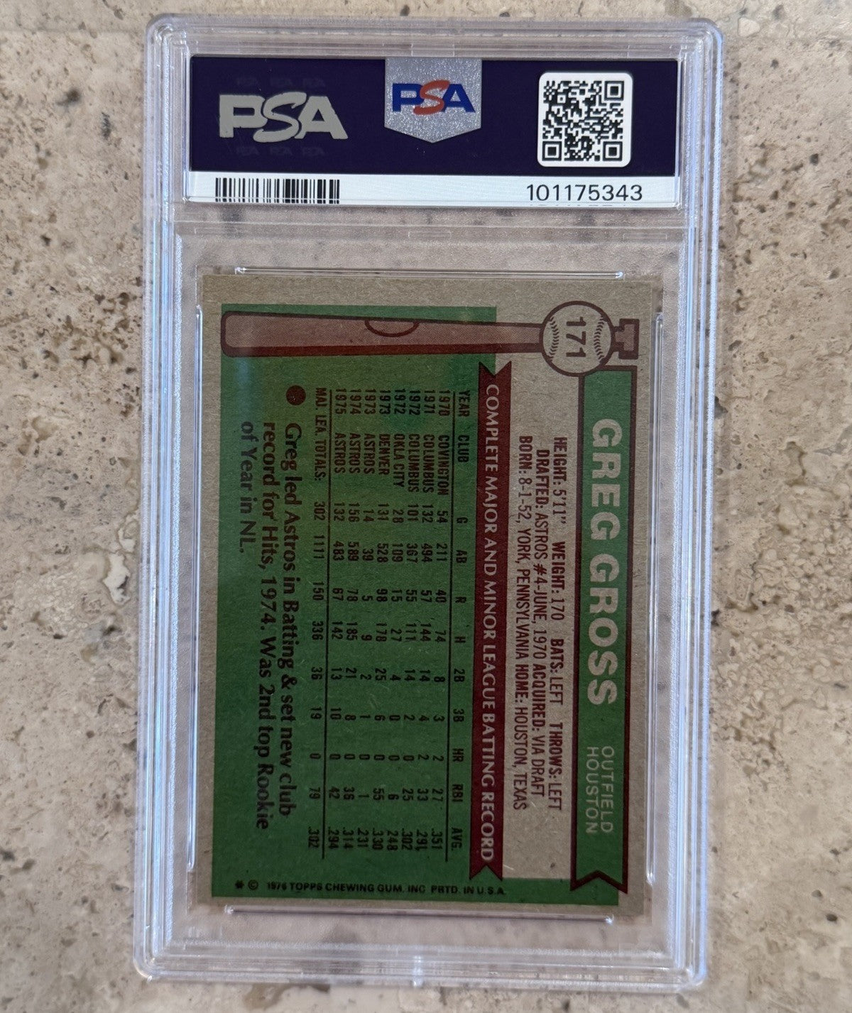 1976 Topps Greg Gross #171 PSA 7 NM Houston Astros Outfield Baseball Card MLB