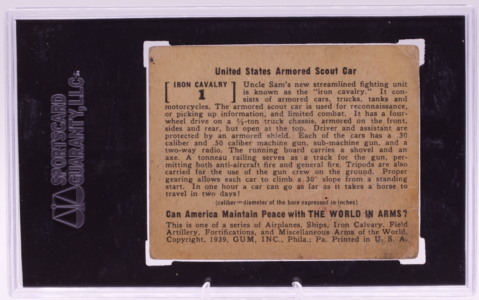 1939 Gum Inc World In Arms #1 US Armored Scout Car SGC 2 Good Iron Cavalry WW2