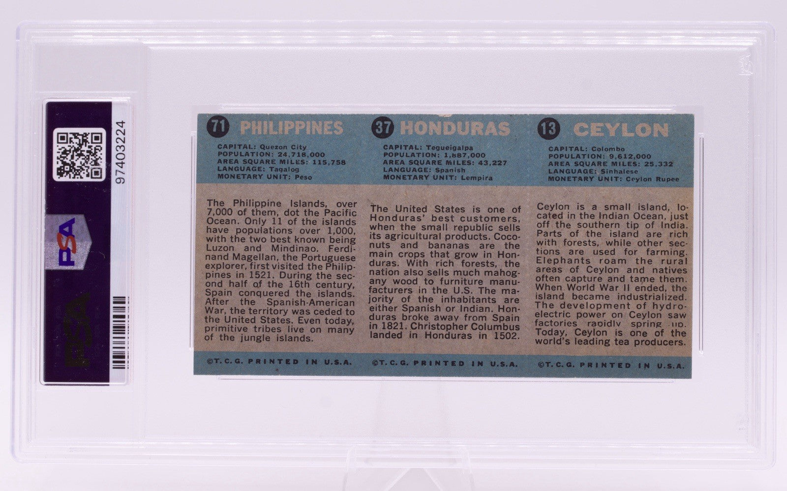 1963 Flag Midgee Cards Ceylon Honduras Philippines PSA EX 5 Vintage Strip