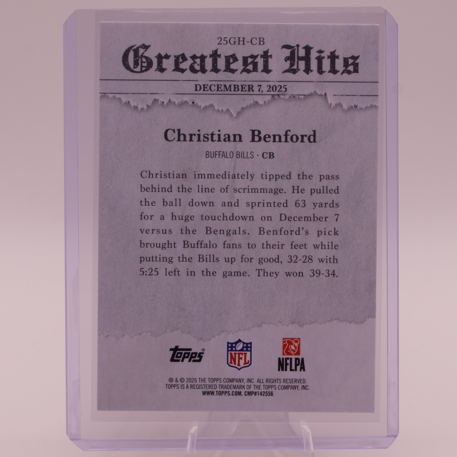 2026 Topps Christian Benford 2025 Greatest Hits 25GH-CB Buffalo Bills Insert