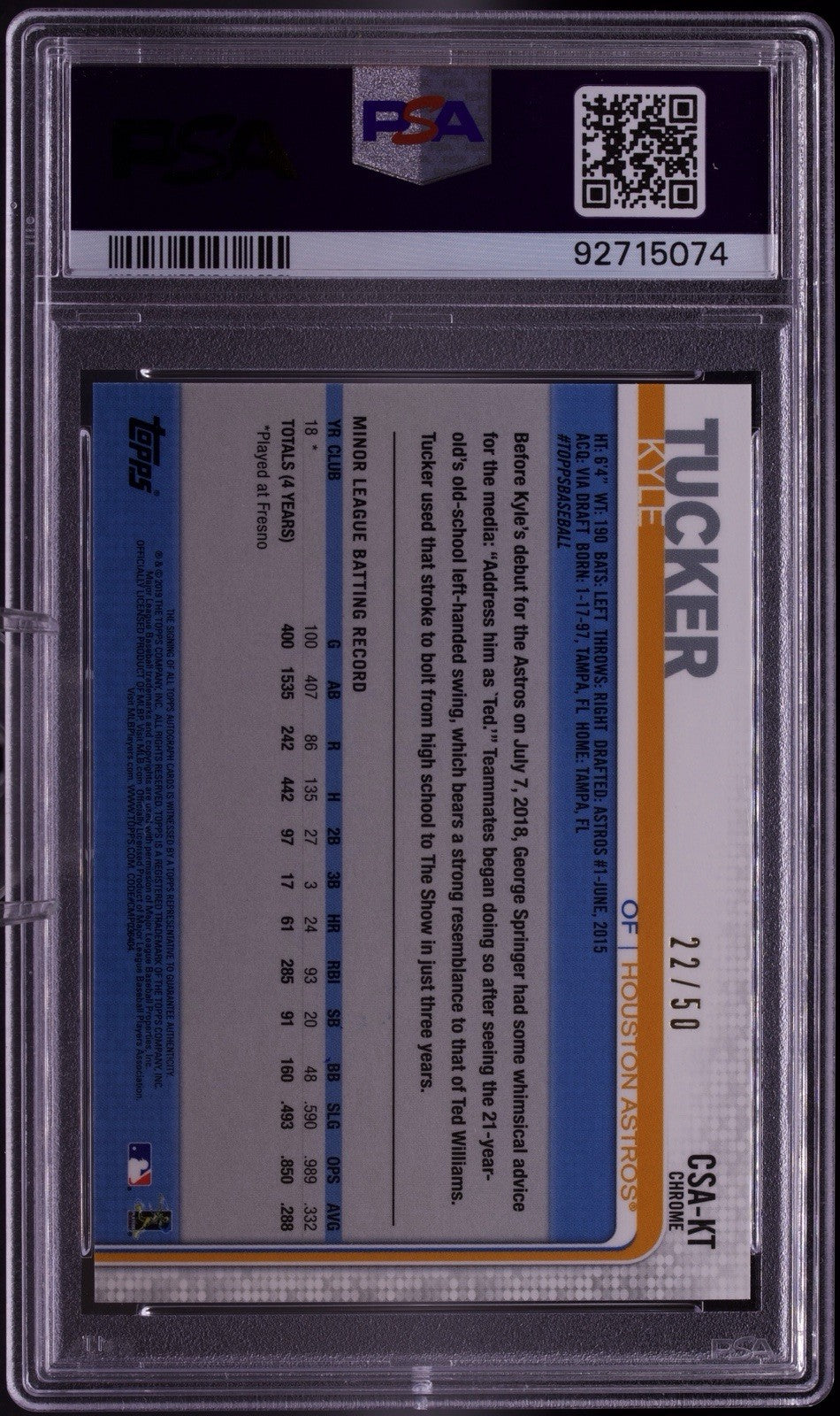 2019 Topps Chrome Sapphire Kyle Tucker Rookie Auto Green Refractor PSA 9 /50 RC