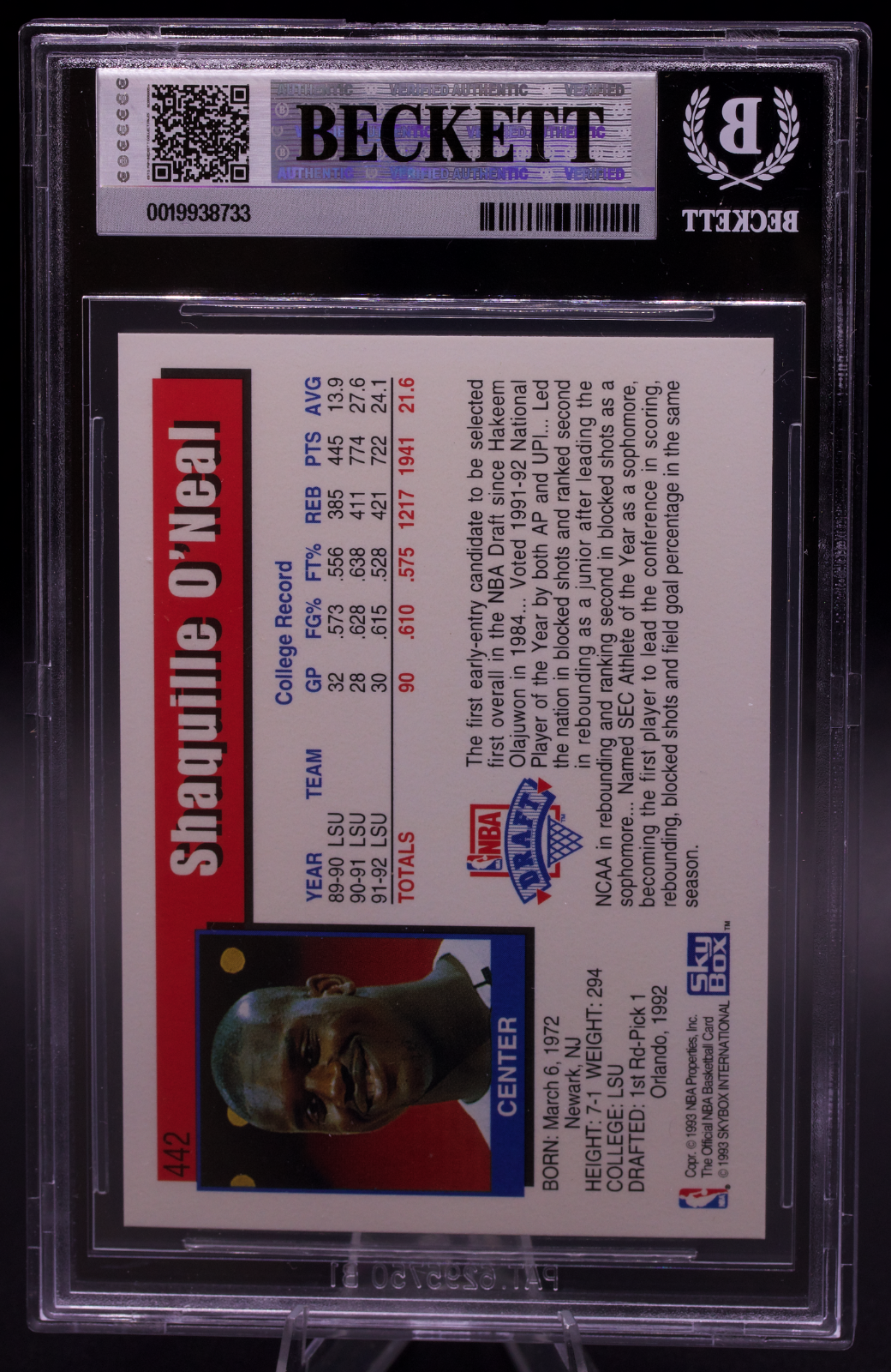 1992-93 NBA Hoops Shaquille O'Neal #442 Rookie BGS Holder 8.5 NM-MT+ Magic