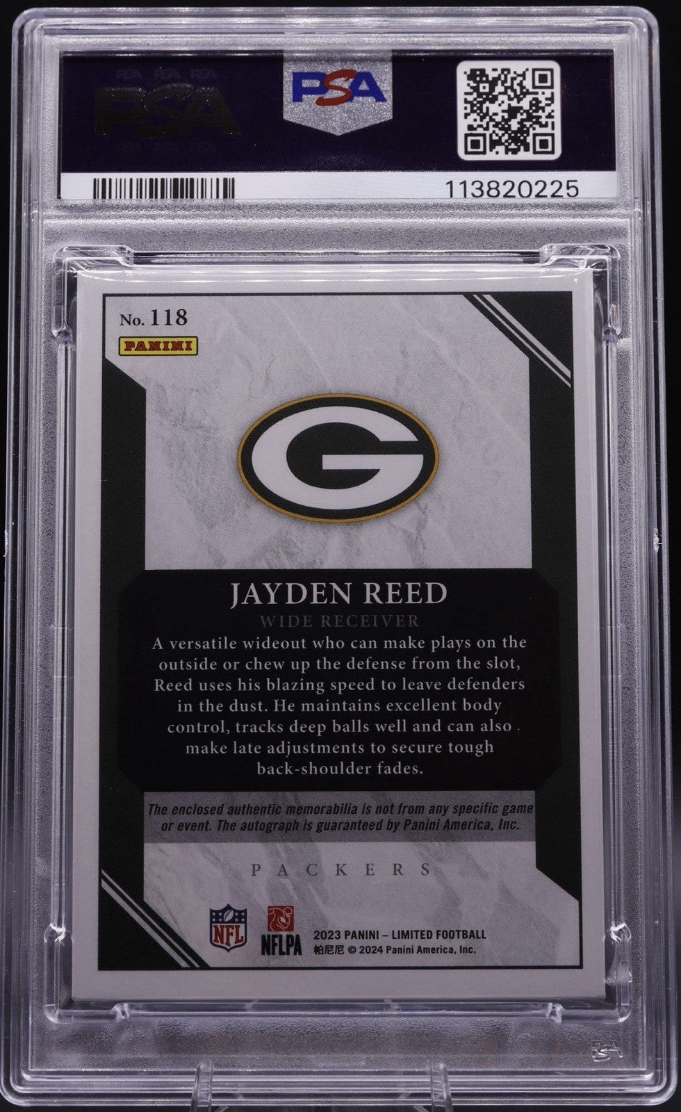 2023 Limited #118 Jayden Reed Packers RC Sapphire PSA 8 1/1 Auto Patch Rookie