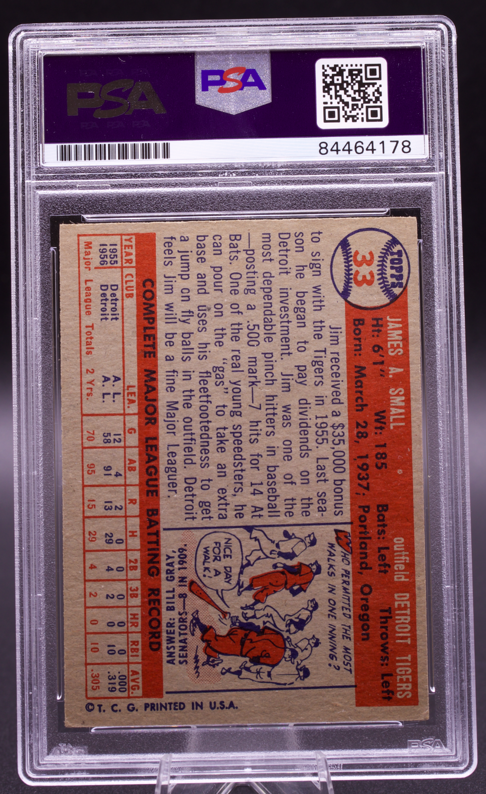 1957 Topps Jim Small #33 PSA Authentic Auto Signed Detroit Tigers Vintage